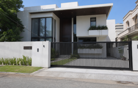 10 Marla contemporary house design with black vertical-slat gate and planter balcony, Gulberg Lahore