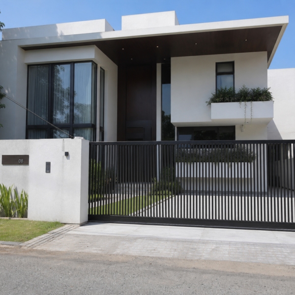 10 Marla contemporary house design with black vertical-slat gate and planter balcony, Gulberg Lahore