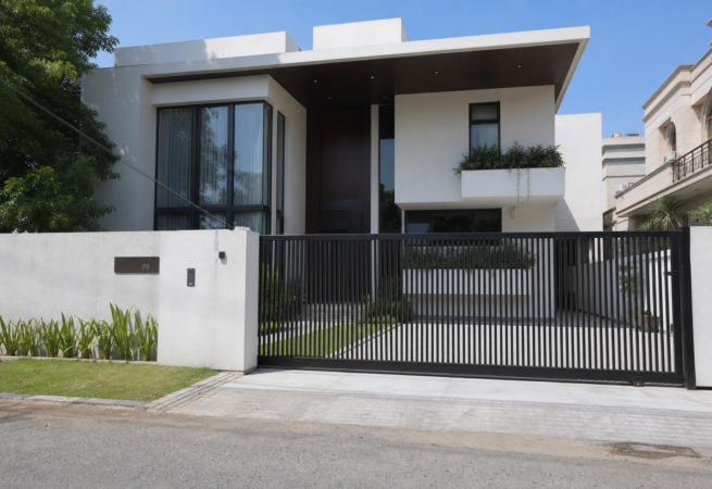 10 Marla contemporary house design with black vertical-slat gate and planter balcony, Gulberg Lahore