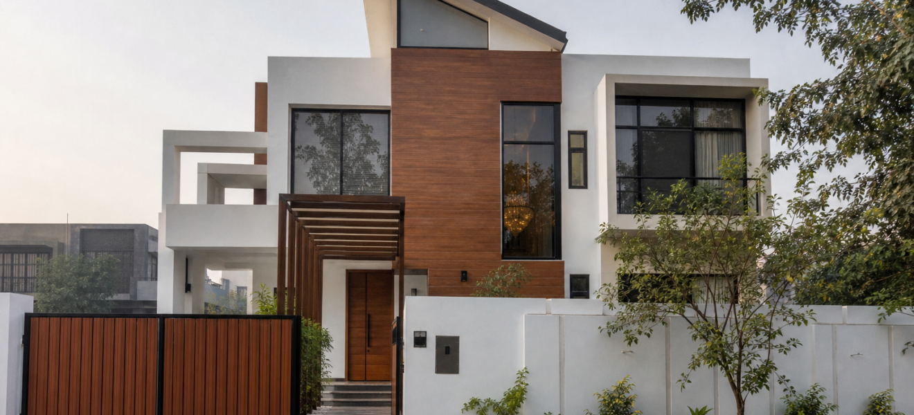 10 Marla modern house design with wood pergola entrance and cedar-clad gable, Gulberg Lahore