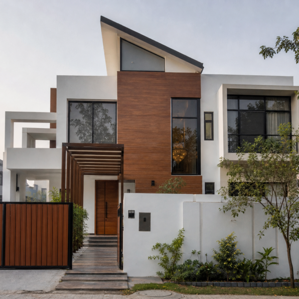 10 Marla modern house design with wood pergola entrance and cedar-clad gable, Gulberg Lahore