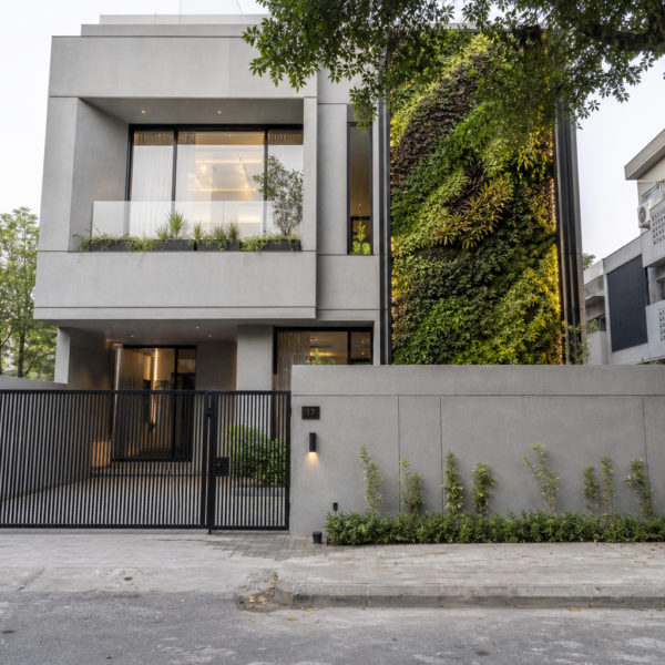 10 Marla minimalist house design with illuminated vertical garden panel, Model Town Lahore