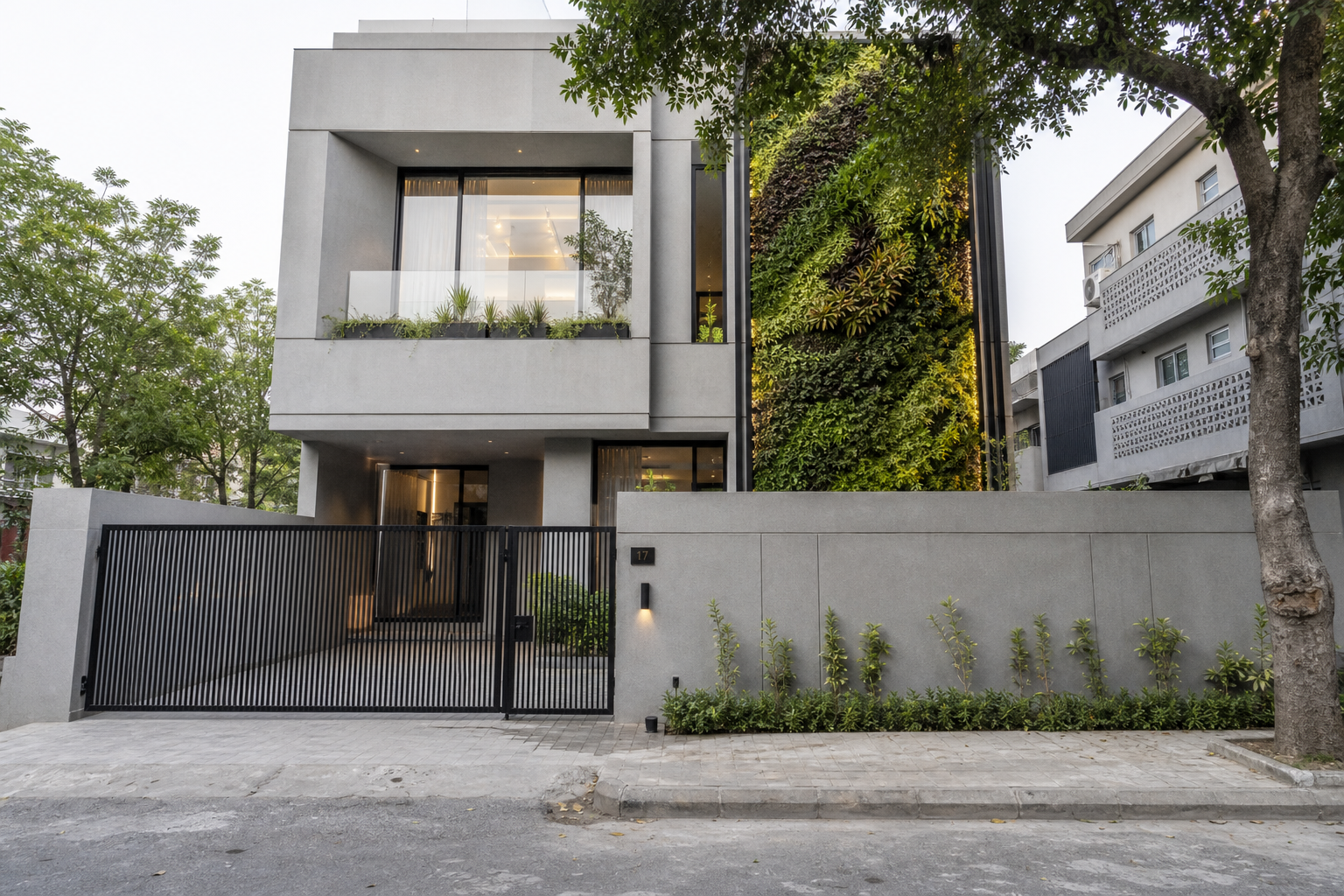 10 Marla minimalist house design with illuminated vertical garden panel, Model Town Lahore