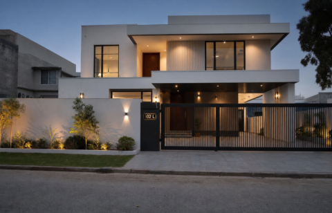 1 Kanal minimalist monochrome house design lit at dusk, DHA Phase 6 Lahore