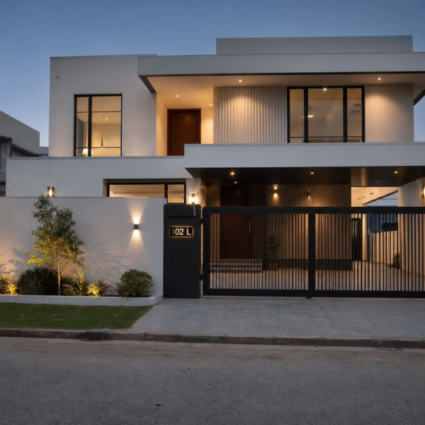 1 Kanal minimalist monochrome house design lit at dusk, DHA Phase 6 Lahore