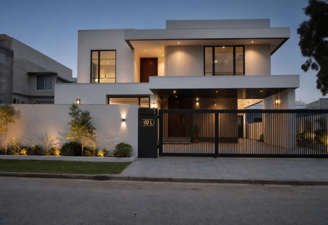 1 Kanal minimalist monochrome house design lit at dusk, DHA Phase 6 Lahore
