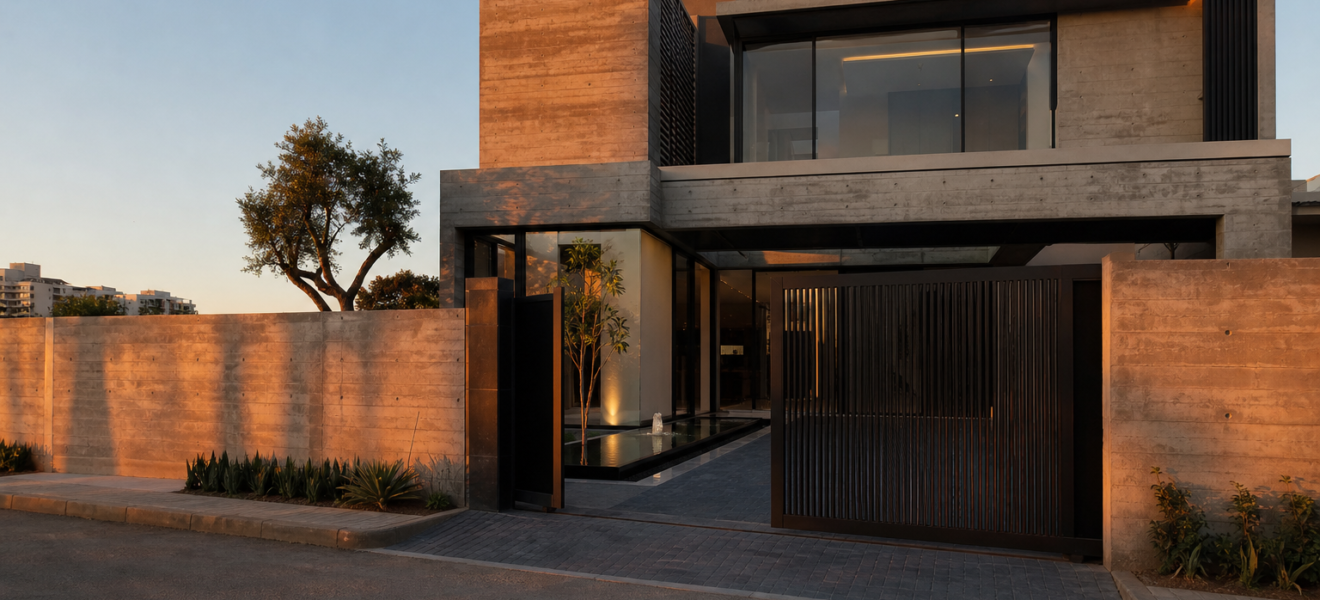 1 Kanal brutalist modern house design with textured concrete and reflecting pool, DHA Islamabad