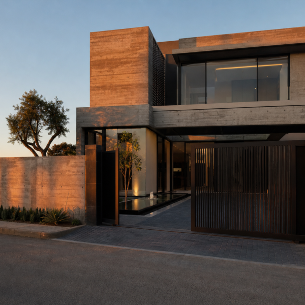1 Kanal brutalist modern house design with textured concrete and reflecting pool, DHA Islamabad