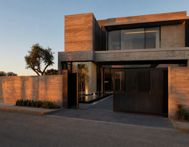 1 Kanal brutalist modern house design with textured concrete and reflecting pool, DHA Islamabad
