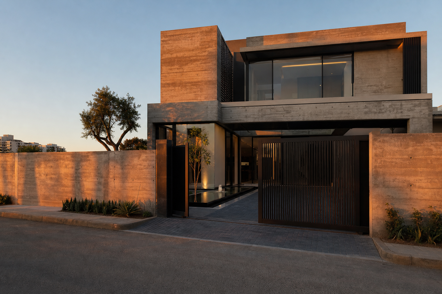 1 Kanal brutalist modern house design with textured concrete and reflecting pool, DHA Islamabad