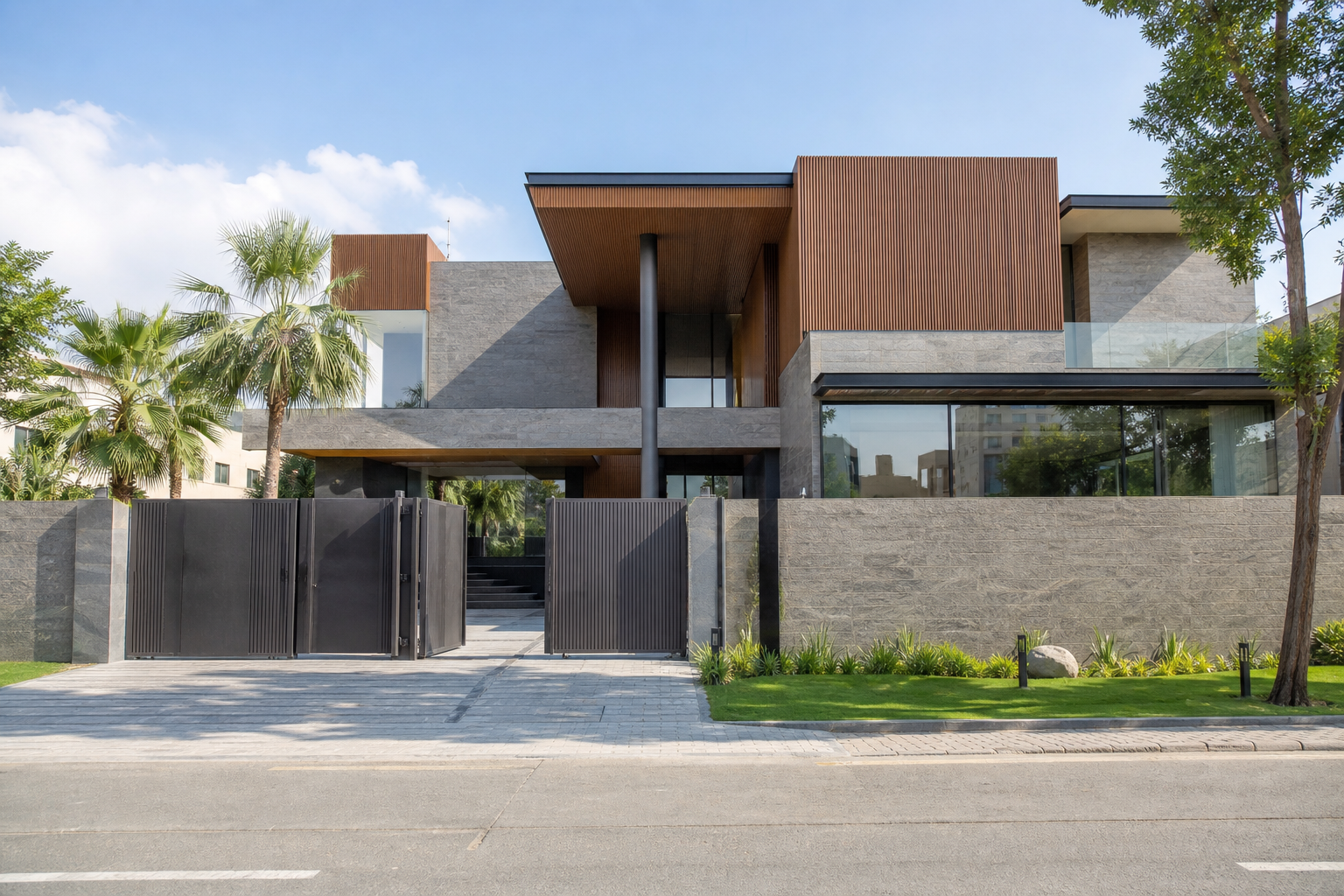 1 Kanal tropical modern house design with stone, wood and cantilevered overhang, Bahria Town Karachi