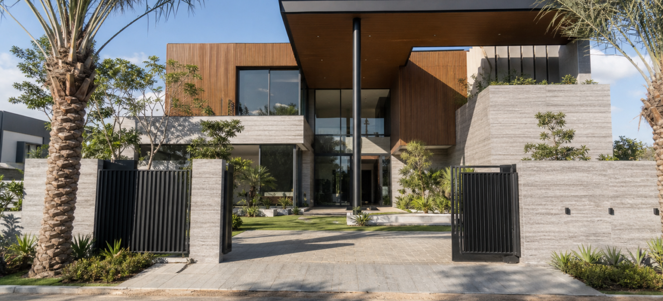 1 Kanal house design with palm-lined entrance and timber-lined overhang, Bahria Town Karachi