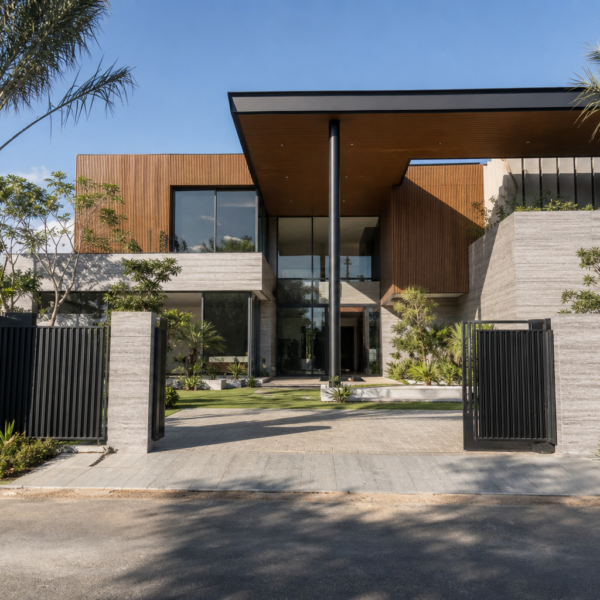 1 Kanal house design with palm-lined entrance and timber-lined overhang, Bahria Town Karachi