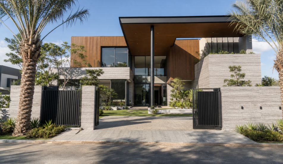 1 Kanal house design with palm-lined entrance and timber-lined overhang, Bahria Town Karachi