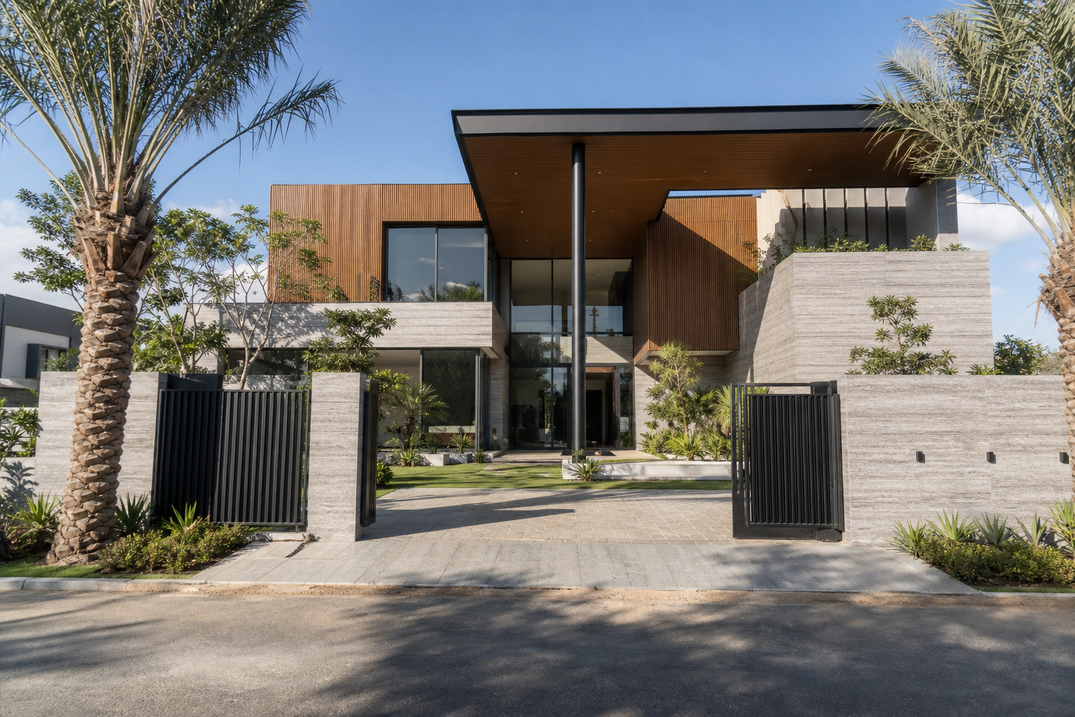 1 Kanal house design with palm-lined entrance and timber-lined overhang, Bahria Town Karachi