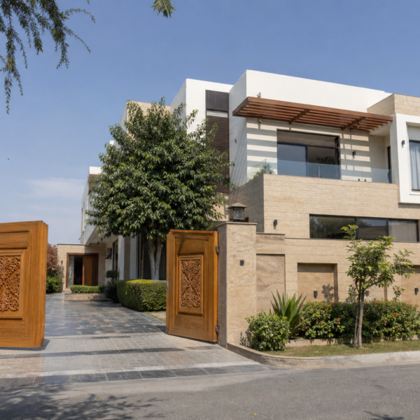 1 Kanal traditional-modern house design with hand-carved wooden double gate, DHA Lahore
