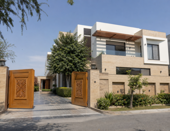 1 Kanal traditional-modern house design with hand-carved wooden double gate, DHA Lahore
