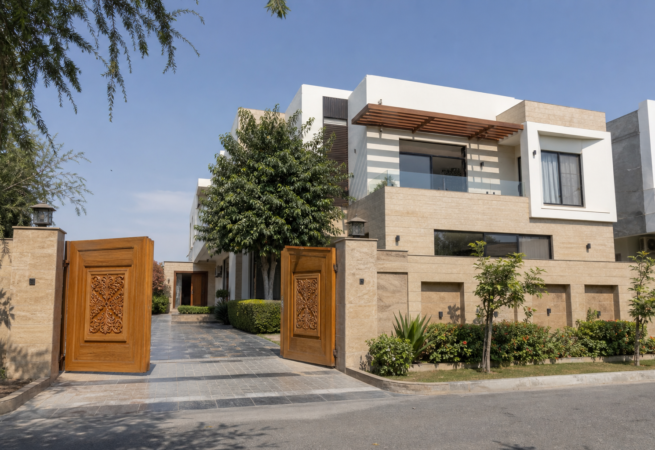 1 Kanal traditional-modern house design with hand-carved wooden double gate, DHA Lahore