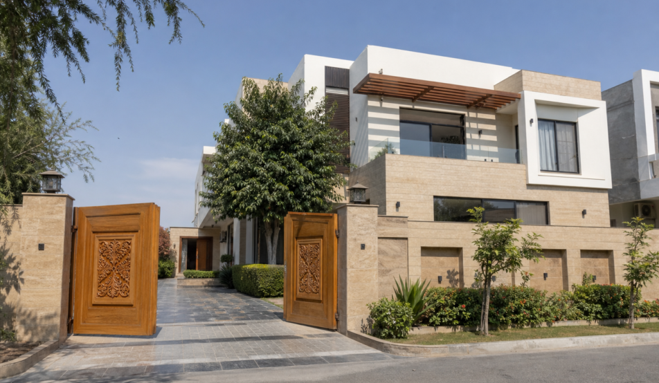 1 Kanal traditional-modern house design with hand-carved wooden double gate, DHA Lahore