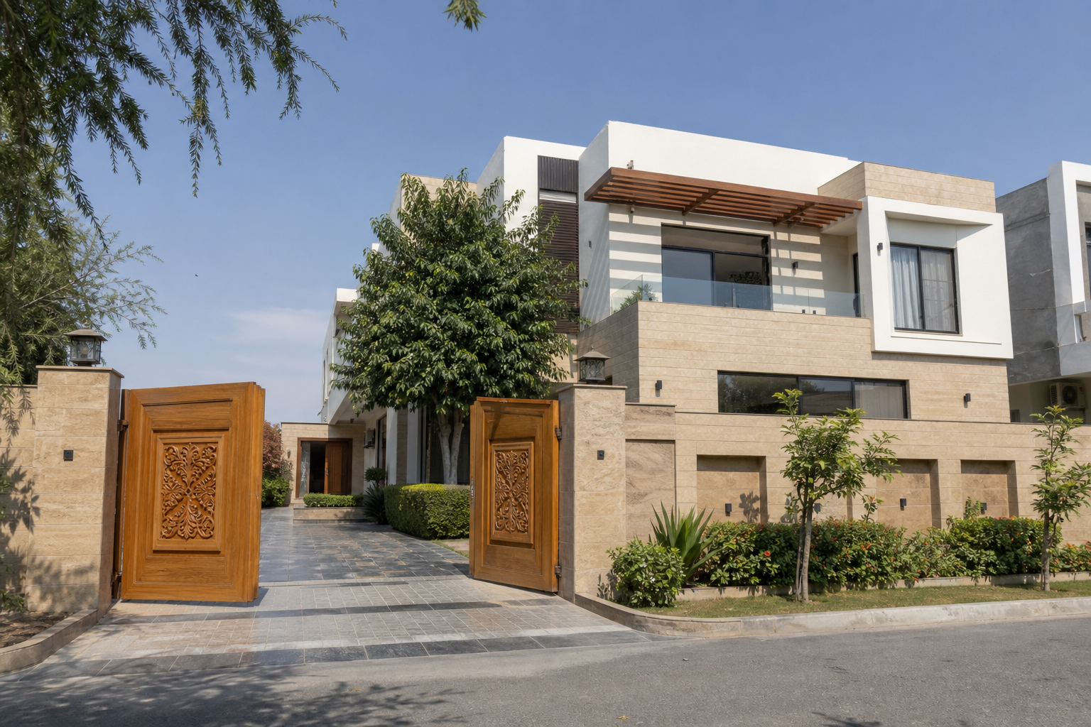 1 Kanal traditional-modern house design with hand-carved wooden double gate, DHA Lahore