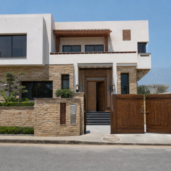 1 Kanal regional modern house design in local stone with mountain views, DHA Peshawar