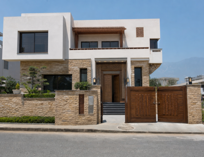 1 Kanal regional modern house design in local stone with mountain views, DHA Peshawar
