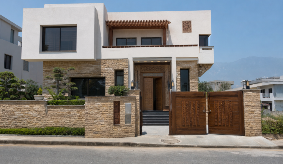 1 Kanal regional modern house design in local stone with mountain views, DHA Peshawar