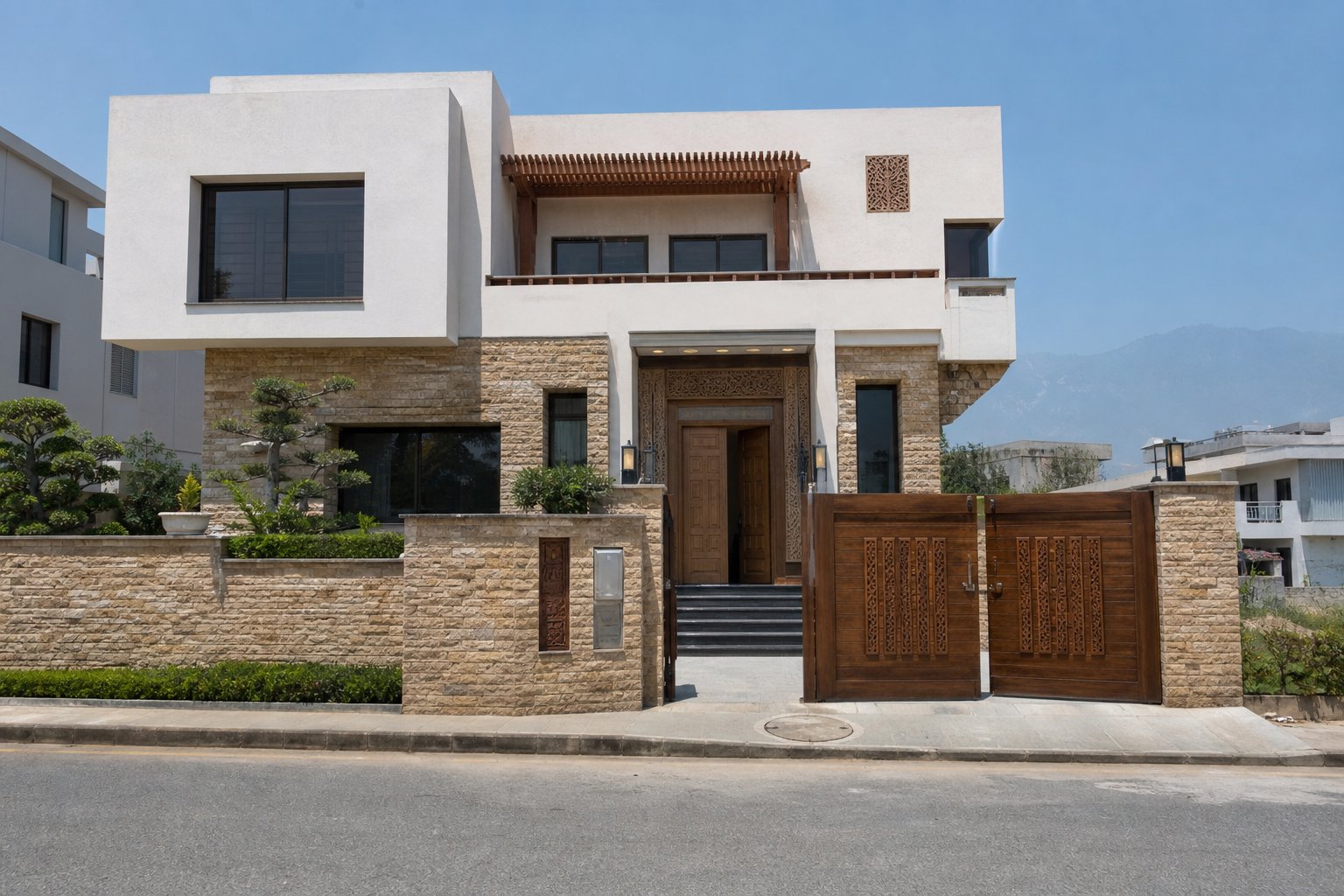 1 Kanal regional modern house design in local stone with mountain views, DHA Peshawar