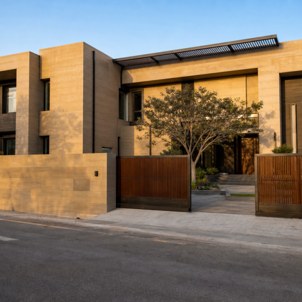 1 Kanal house design with stacked grey stone and vertical timber slat volumes, Bahria Town Lahore