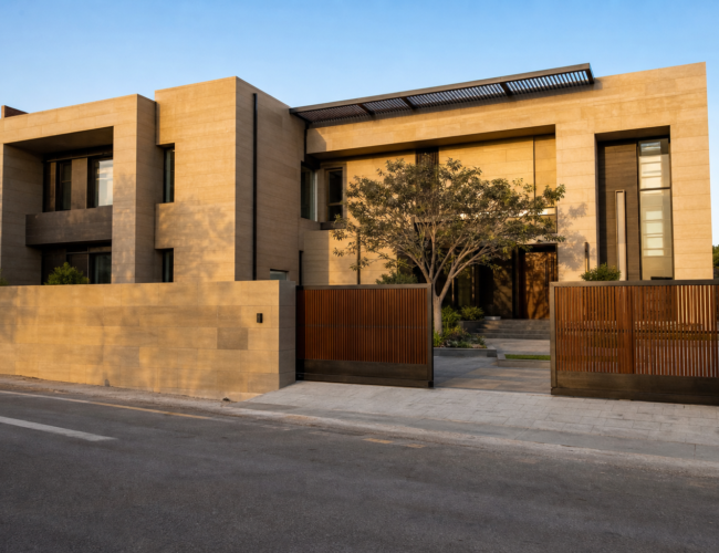 1 Kanal house design with stacked grey stone and vertical timber slat volumes, Bahria Town Lahore