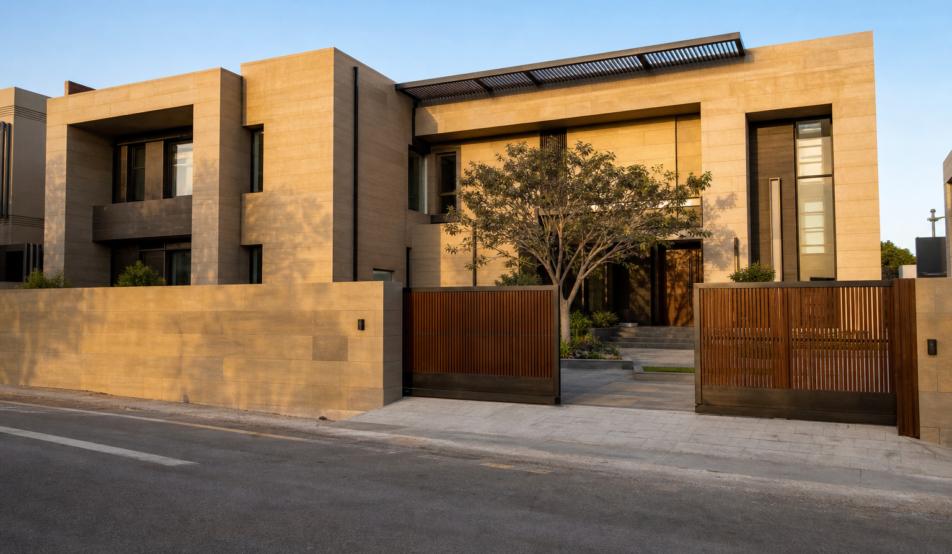 1 Kanal house design with stacked grey stone and vertical timber slat volumes, Bahria Town Lahore