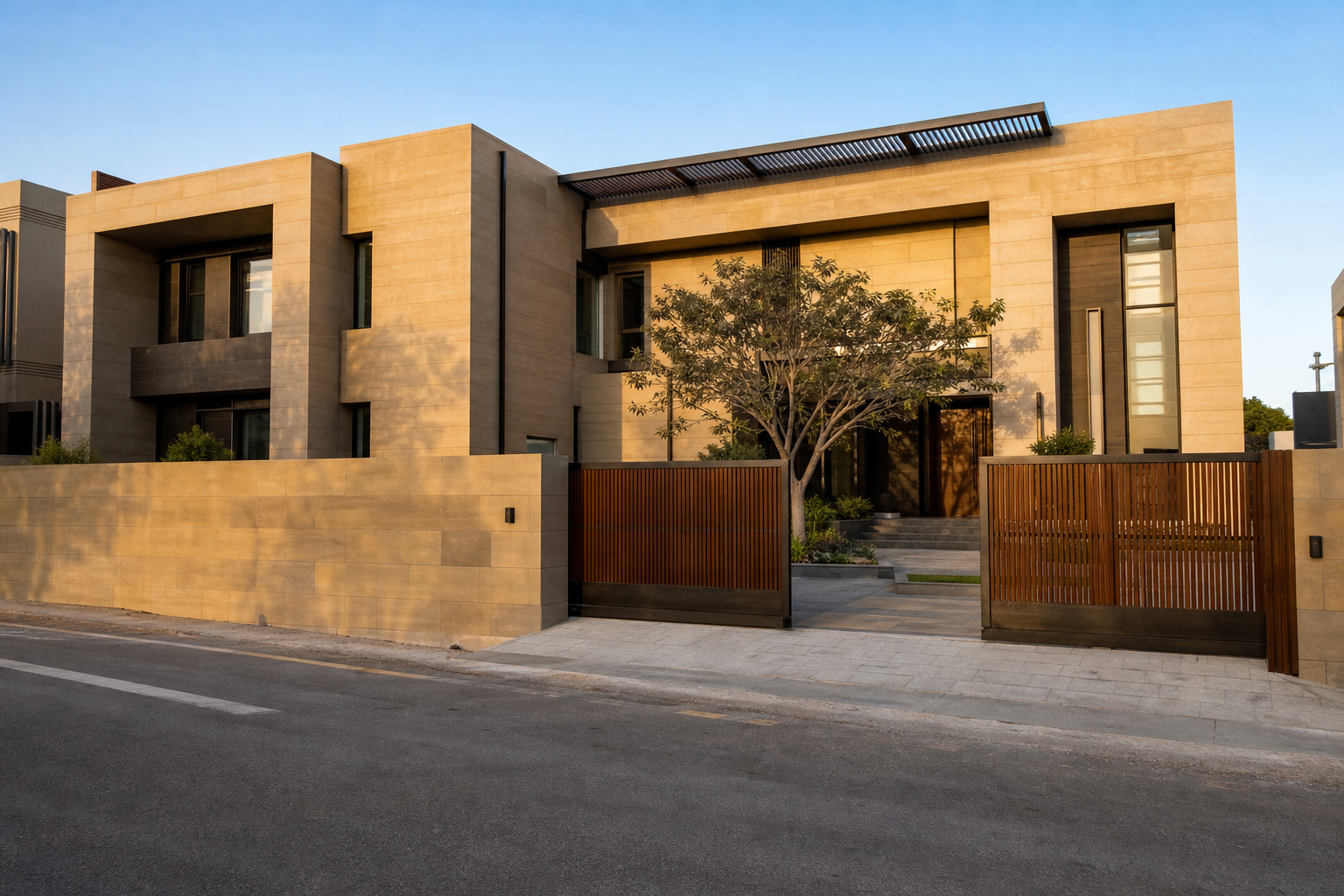 1 Kanal house design with stacked grey stone and vertical timber slat volumes, Bahria Town Lahore