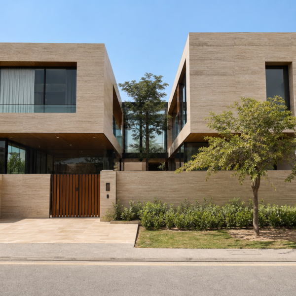 Twin 1 Kanal travertine-clad houses joined by a glazed bridge, DHA Islamabad