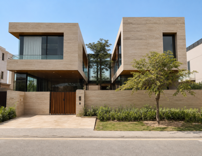 Twin 1 Kanal travertine-clad houses joined by a glazed bridge, DHA Islamabad