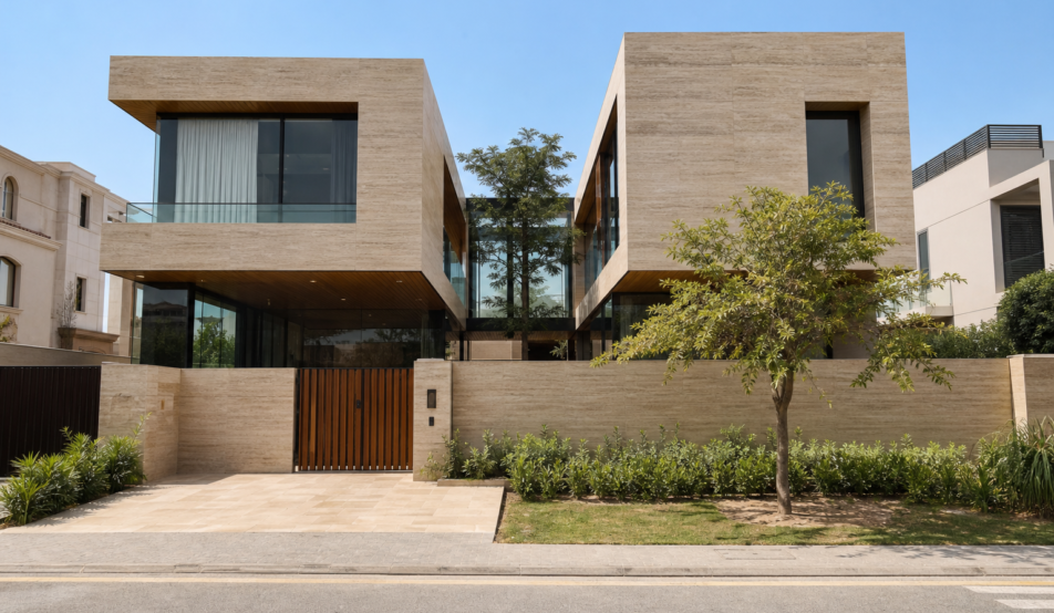 Twin 1 Kanal travertine-clad houses joined by a glazed bridge, DHA Islamabad