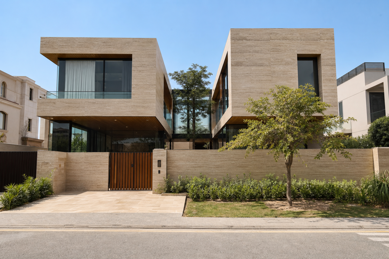Twin 1 Kanal travertine-clad houses joined by a glazed bridge, DHA Islamabad